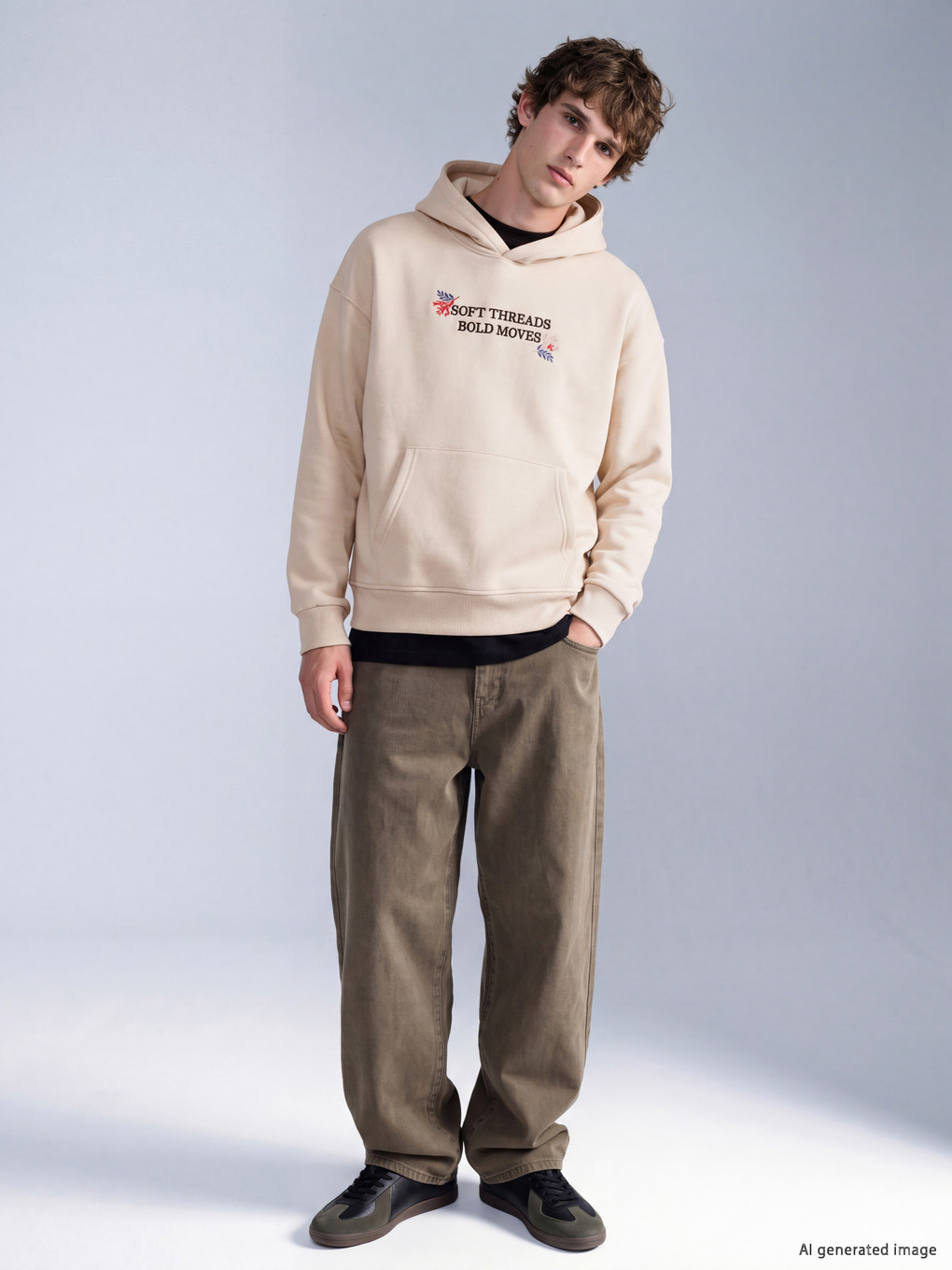 Bej Kapüşonlu Nakışlı Erkek Hoodie-1