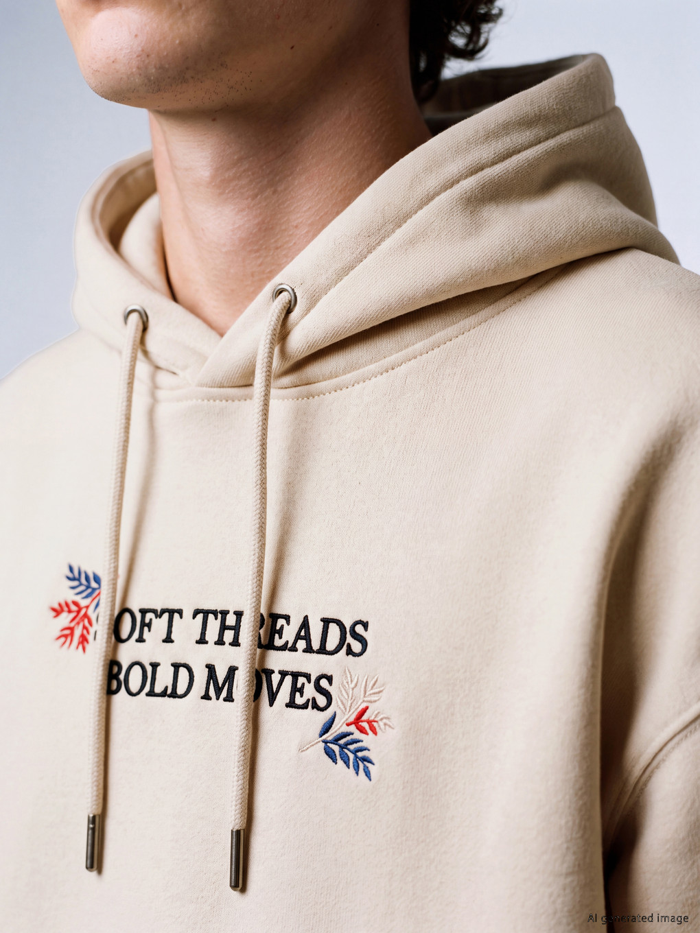 Bej Kapüşonlu Nakışlı Erkek Hoodie-2
