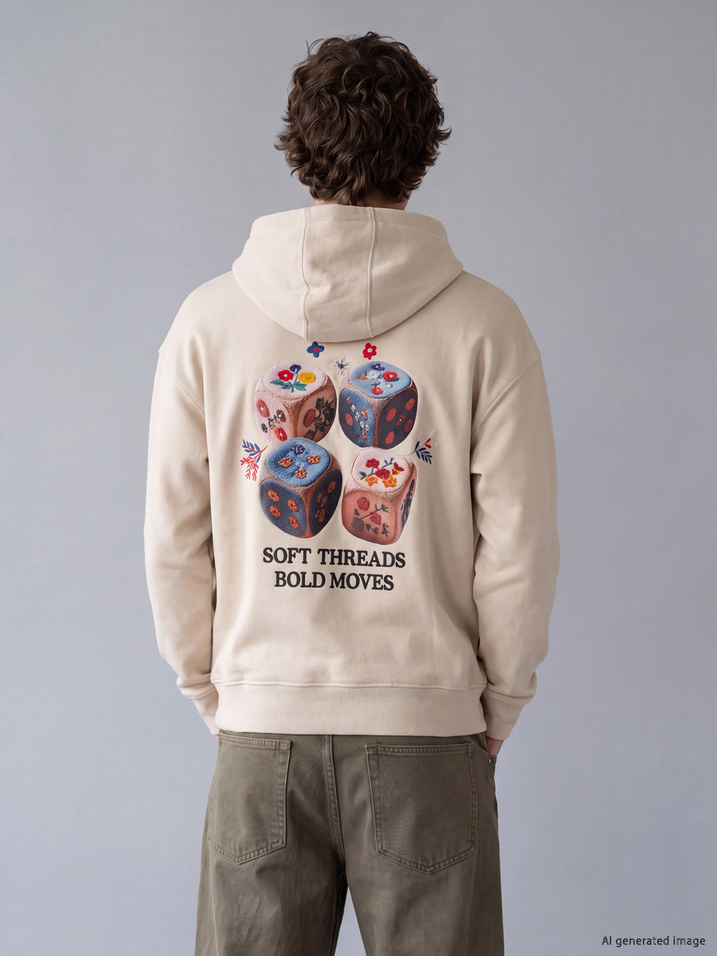 Bej Kapüşonlu Nakışlı Erkek Hoodie-3