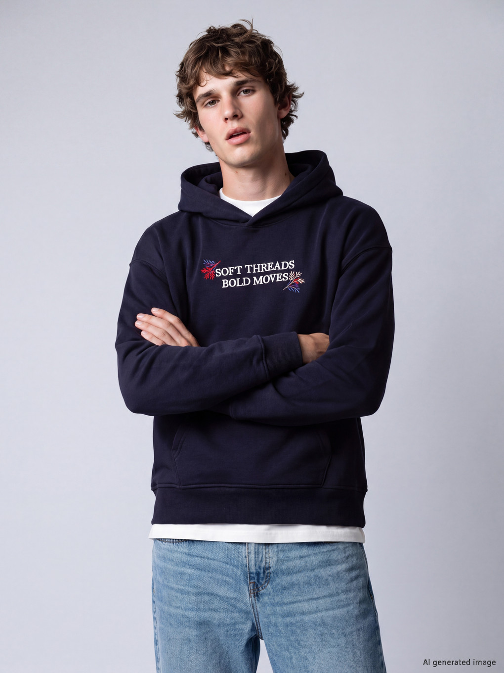 Lacivert Nakışlı Kapüşonlu Erkek Hoodie