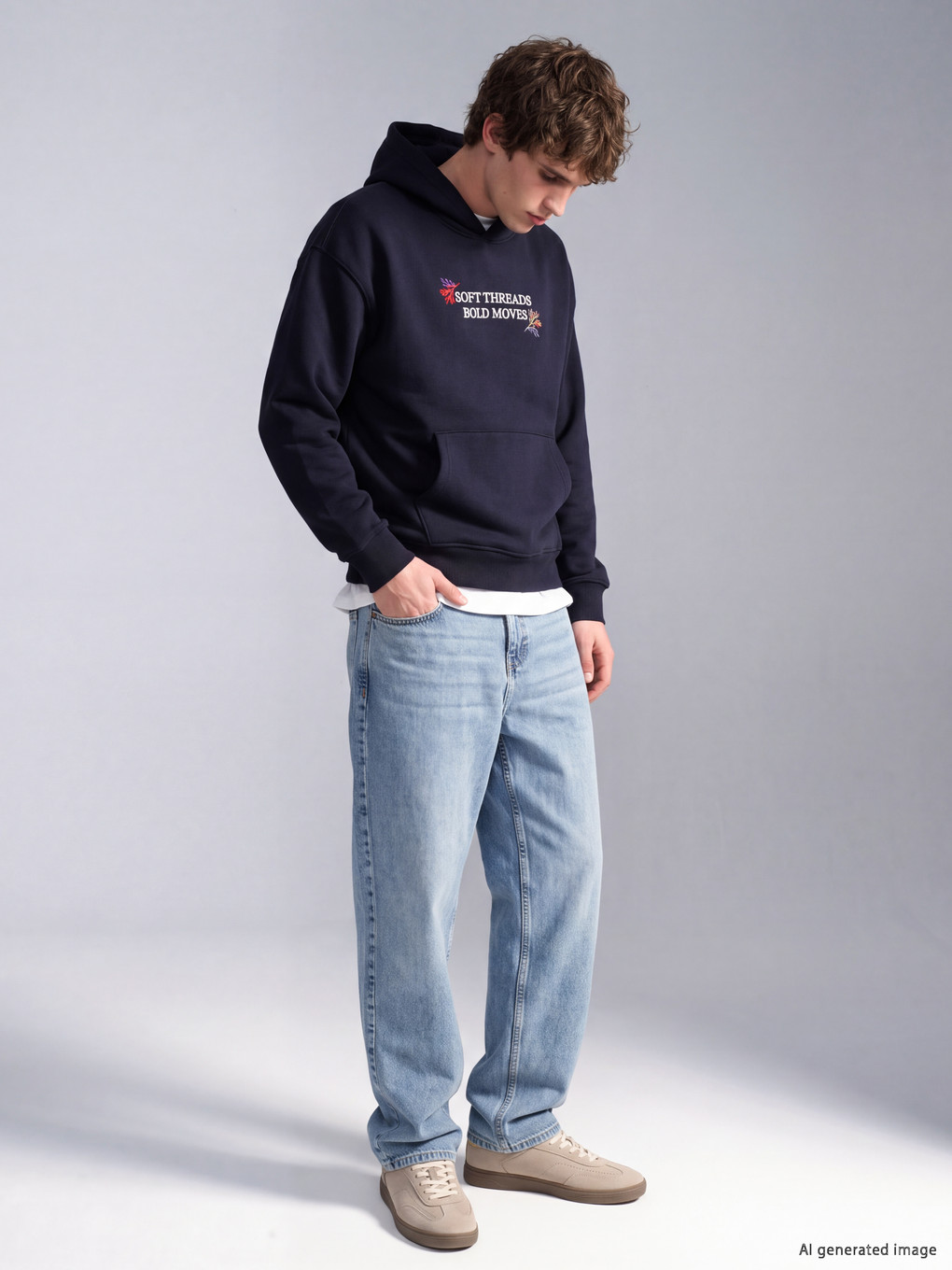 Lacivert Nakışlı Kapüşonlu Erkek Hoodie-2