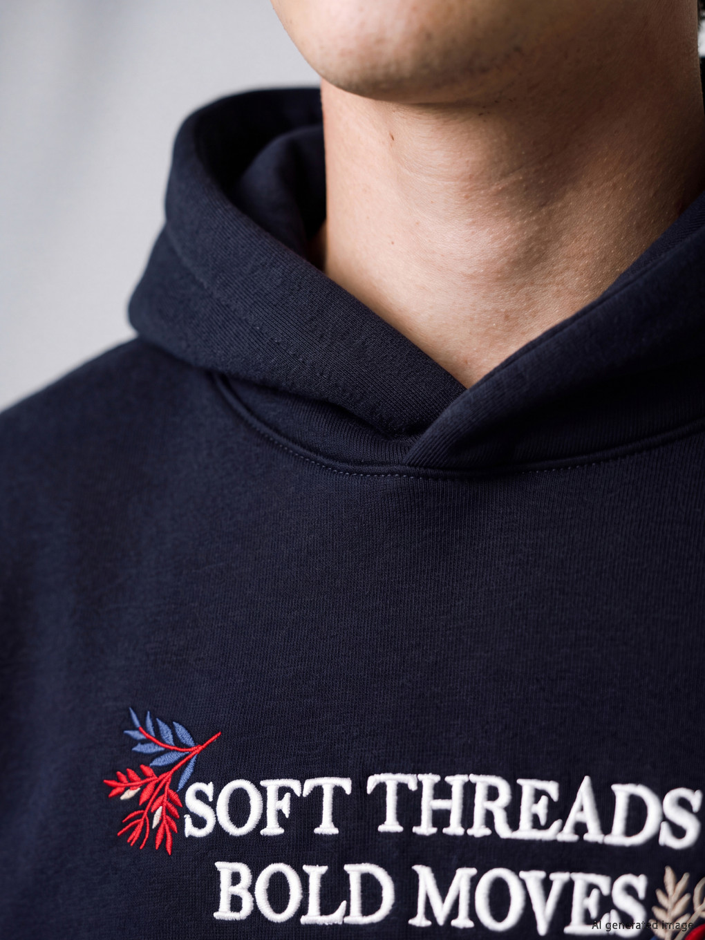 Lacivert Nakışlı Kapüşonlu Erkek Hoodie-3