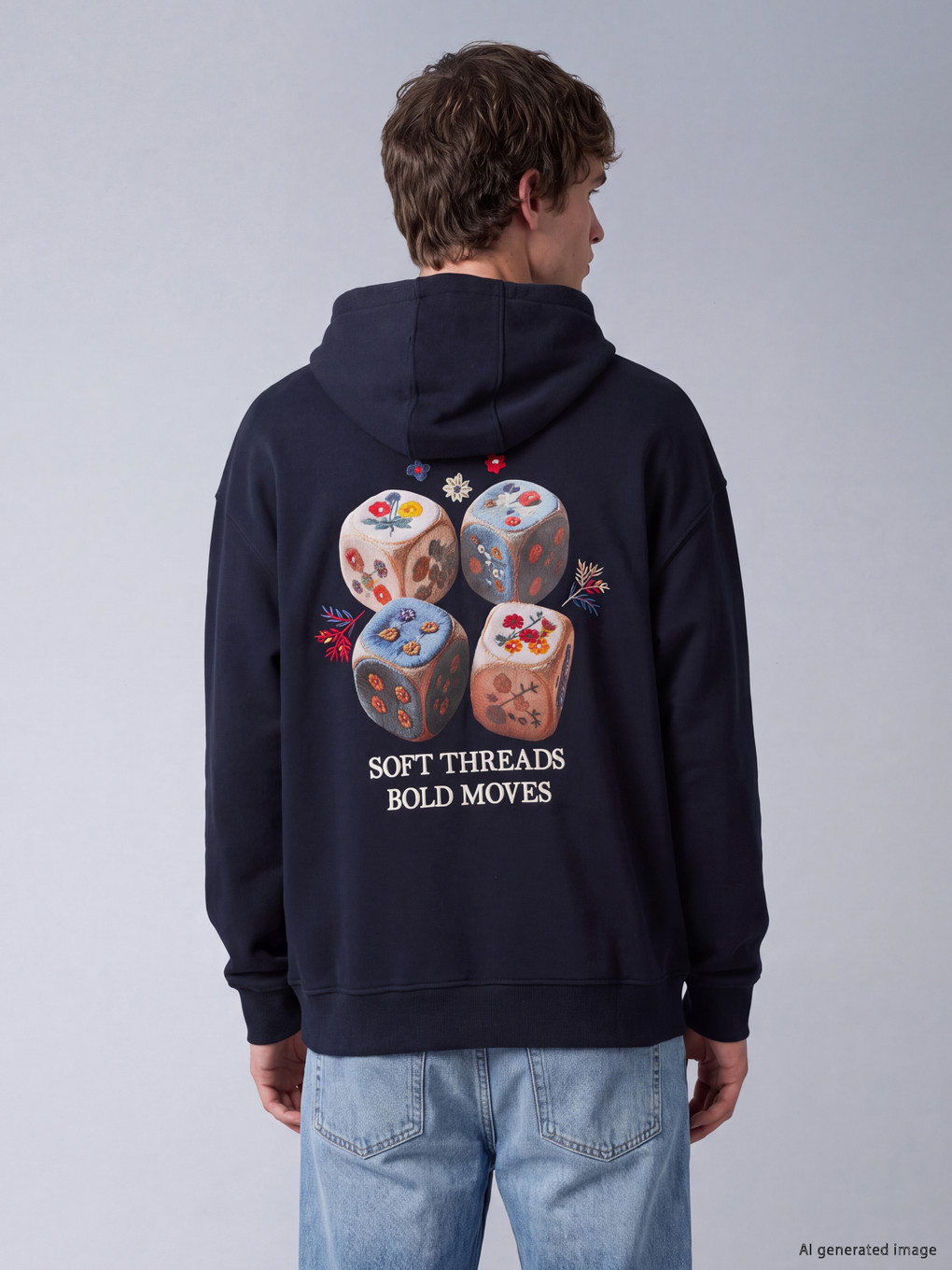 Lacivert Nakışlı Kapüşonlu Erkek Hoodie-1