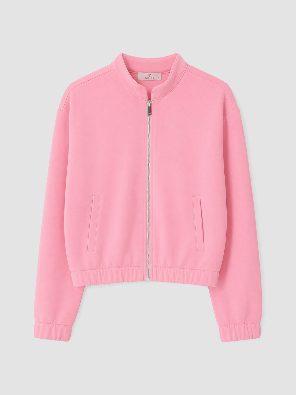 Pembe Kolej Yaka Kalın Fermuarlı Sweatshirt