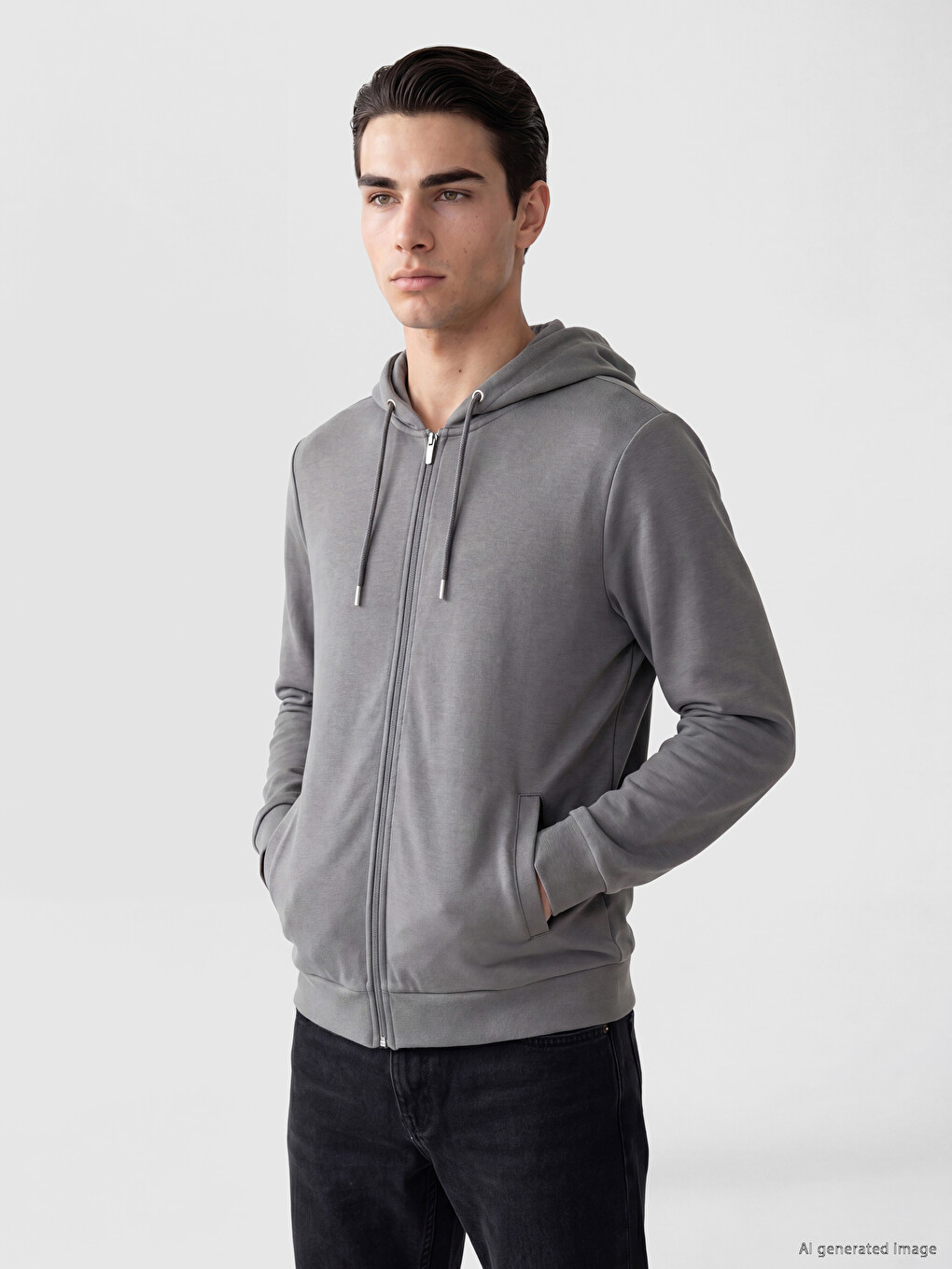 Lacivert Kapüşonlu Erkek Fermuarlı Sweatshirt