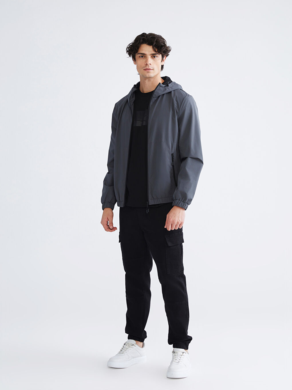 Antrasit Standart Kalıp Kapüşonlu Erkek Yağmurluk-1