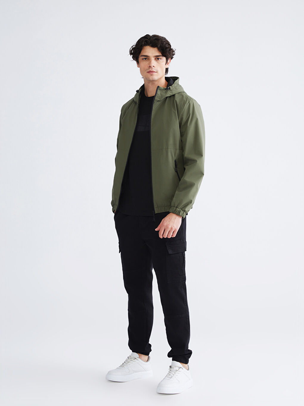 Haki Standart Kalıp Kapüşonlu Erkek Yağmurluk-2