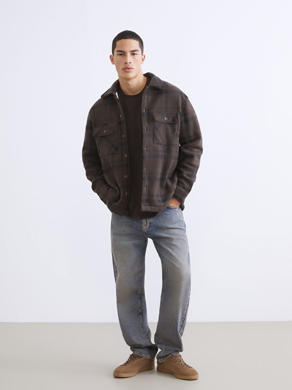 Kahverengi Rahat Kalıp Uzun Kollu Ekose Erkek Gömlek Ceket-1