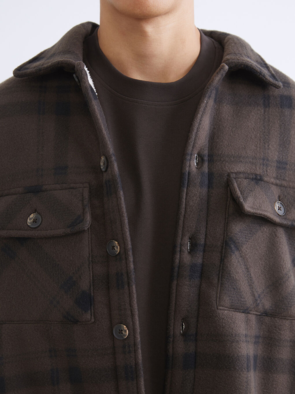 Kahverengi Rahat Kalıp Uzun Kollu Ekose Erkek Gömlek Ceket-2