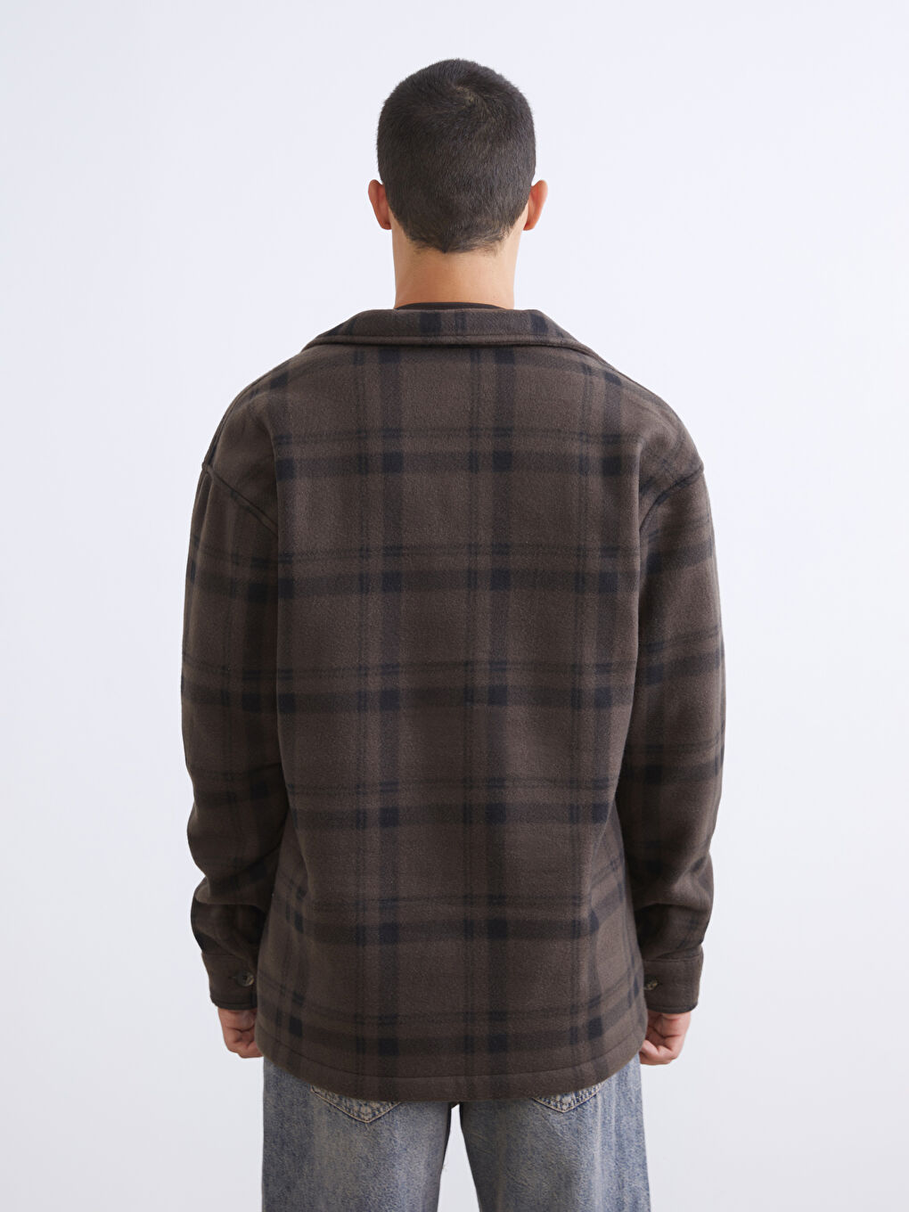 Kahverengi Rahat Kalıp Uzun Kollu Ekose Erkek Gömlek Ceket-4