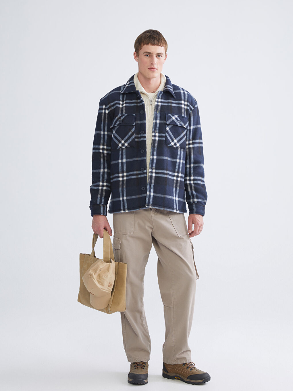 Lacivert Rahat Kalıp Uzun Kollu Ekose Erkek Gömlek Ceket-1