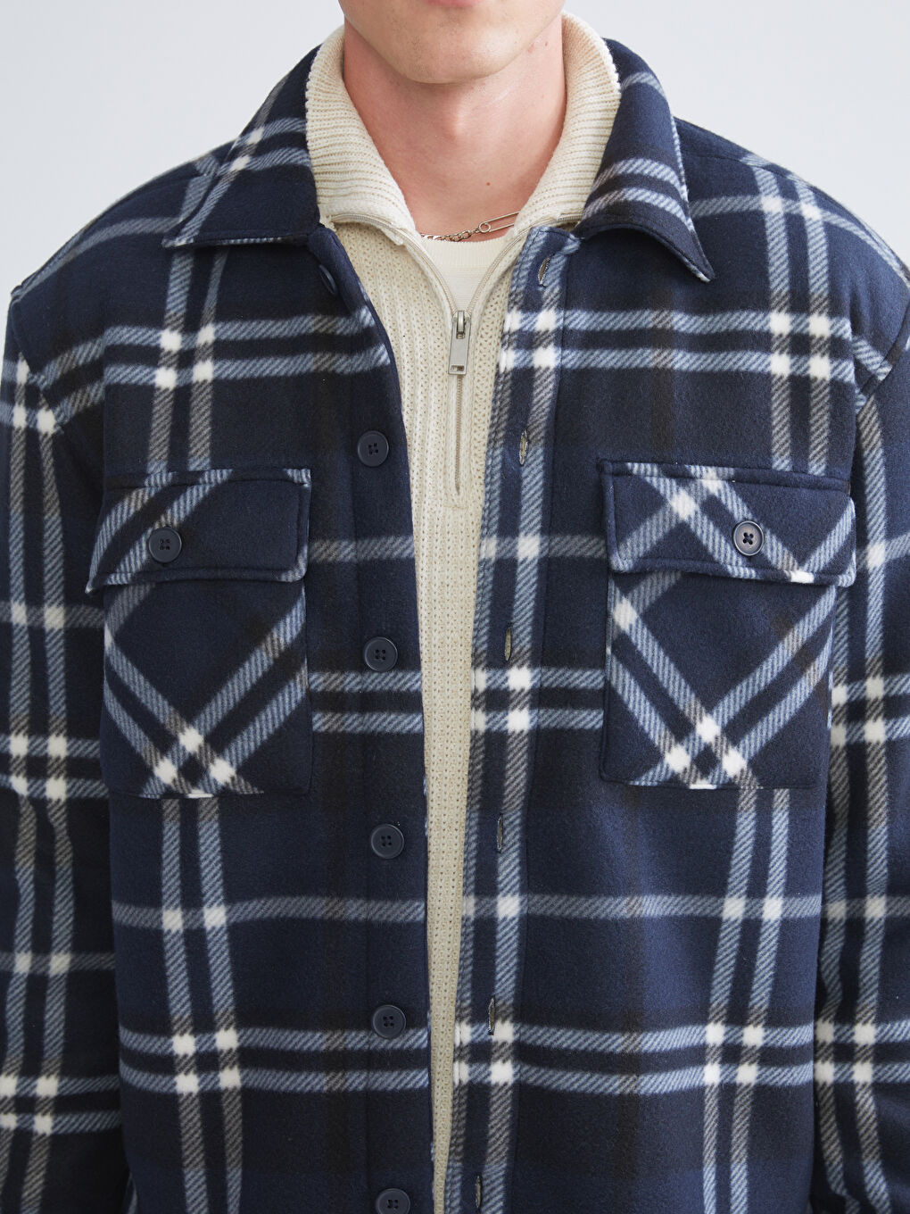 Lacivert Rahat Kalıp Uzun Kollu Ekose Erkek Gömlek Ceket-2