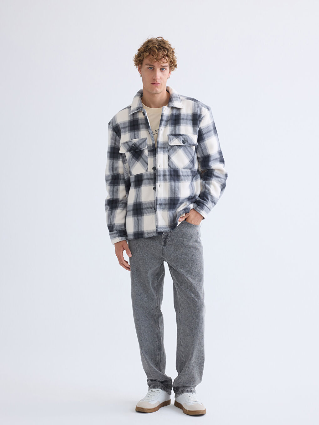 Gri Rahat Kalıp Uzun Kollu Ekose Erkek Gömlek Ceket-1