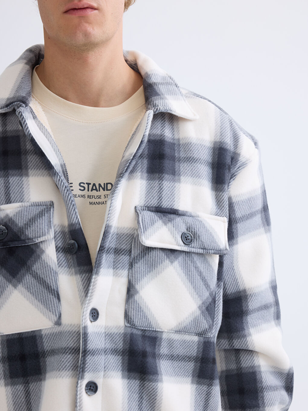 Gri Rahat Kalıp Uzun Kollu Ekose Erkek Gömlek Ceket-2