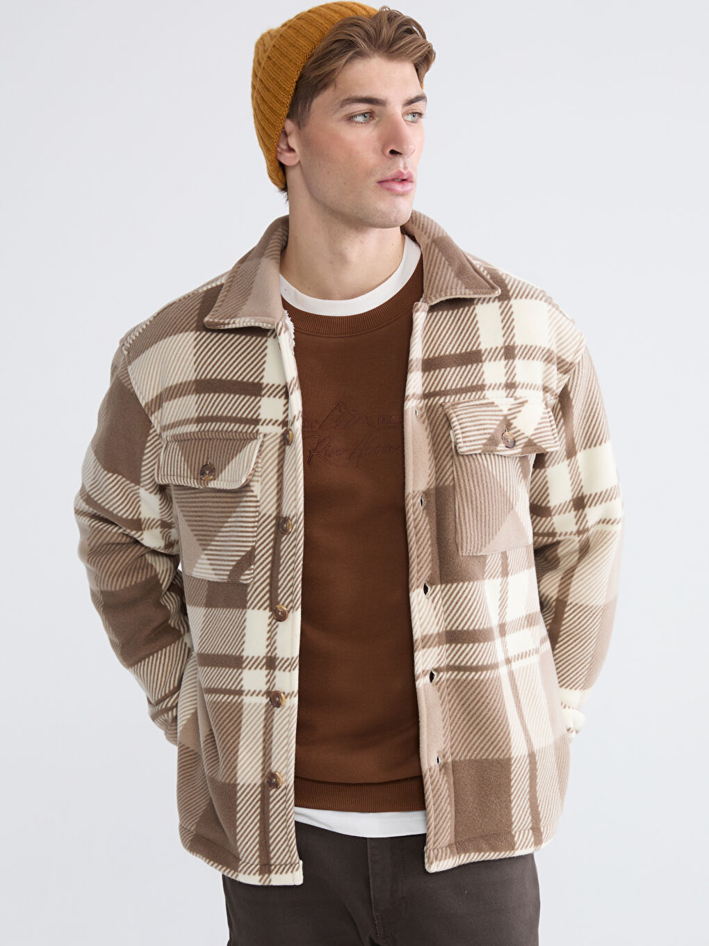 Bej Rahat Kalıp Ekose Erkek Gömlek Ceket