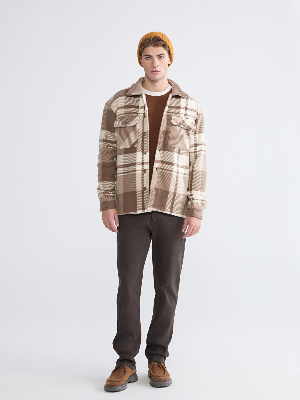 Bej Rahat Kalıp Ekose Erkek Gömlek Ceket-1