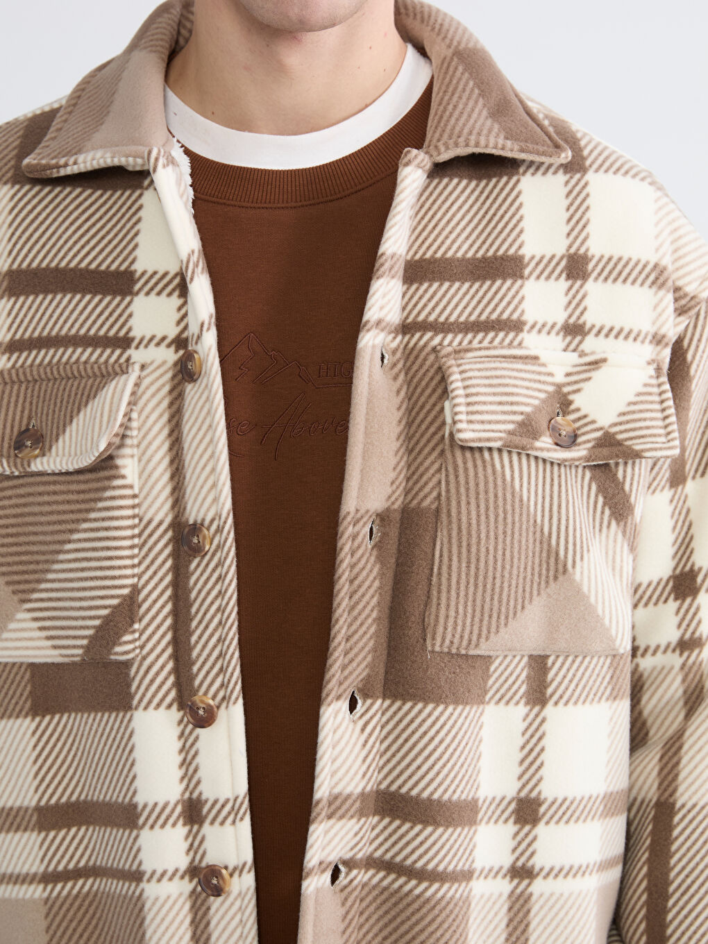 Bej Rahat Kalıp Ekose Erkek Gömlek Ceket-2