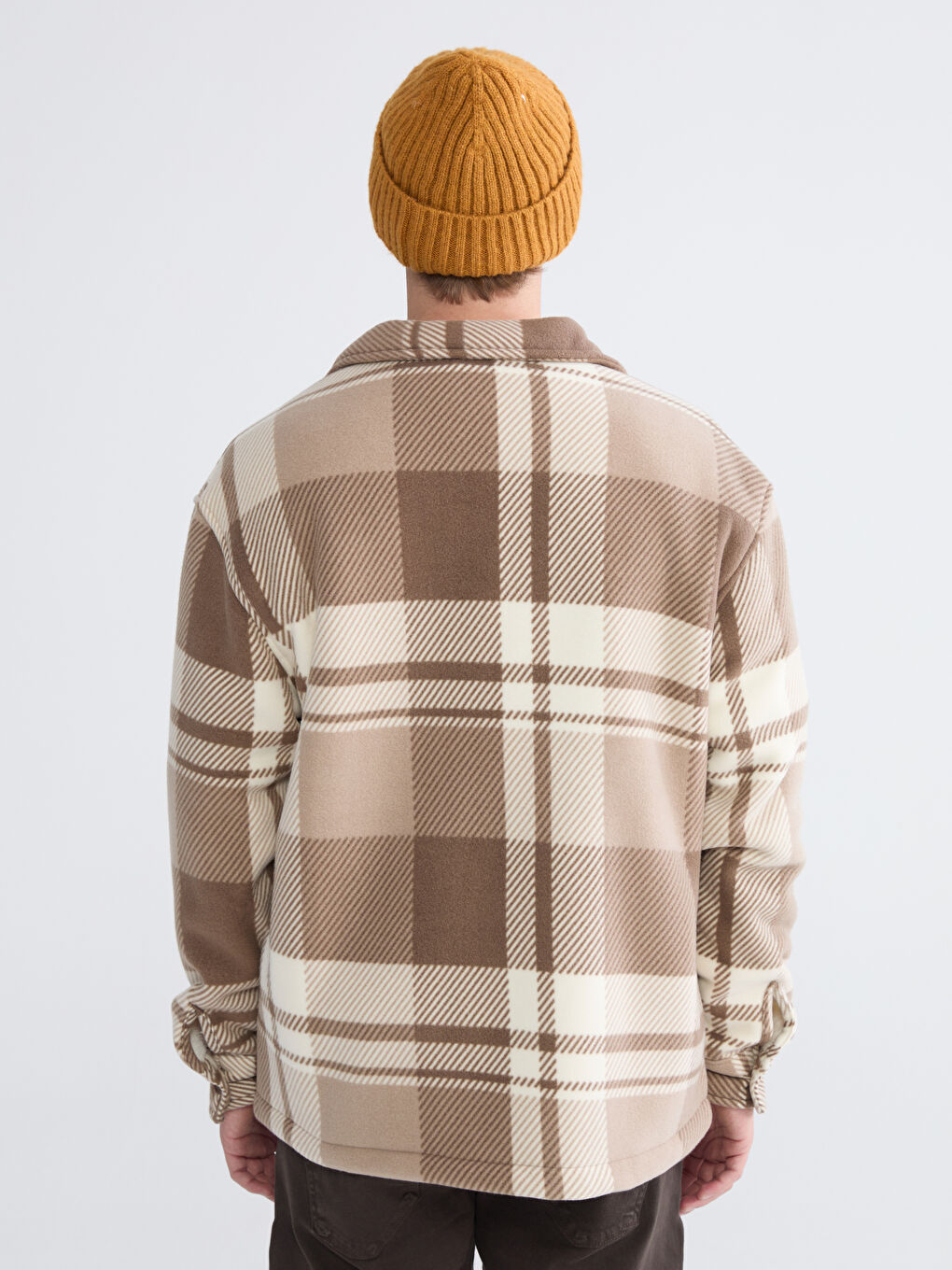 Bej Rahat Kalıp Ekose Erkek Gömlek Ceket-3