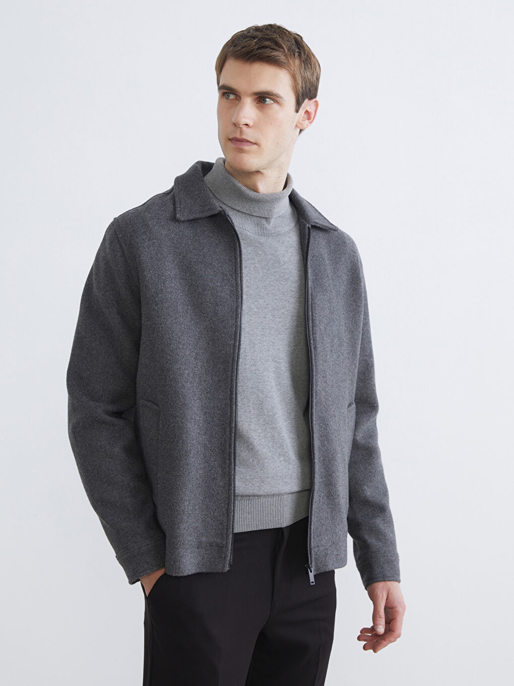 Antrasit Standart Kalıp Gömlek Yaka Erkek Kaşe Mont