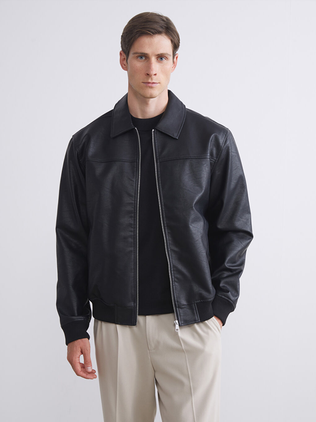 Standard Fit Collared Neck Men's Leather Look Jacket