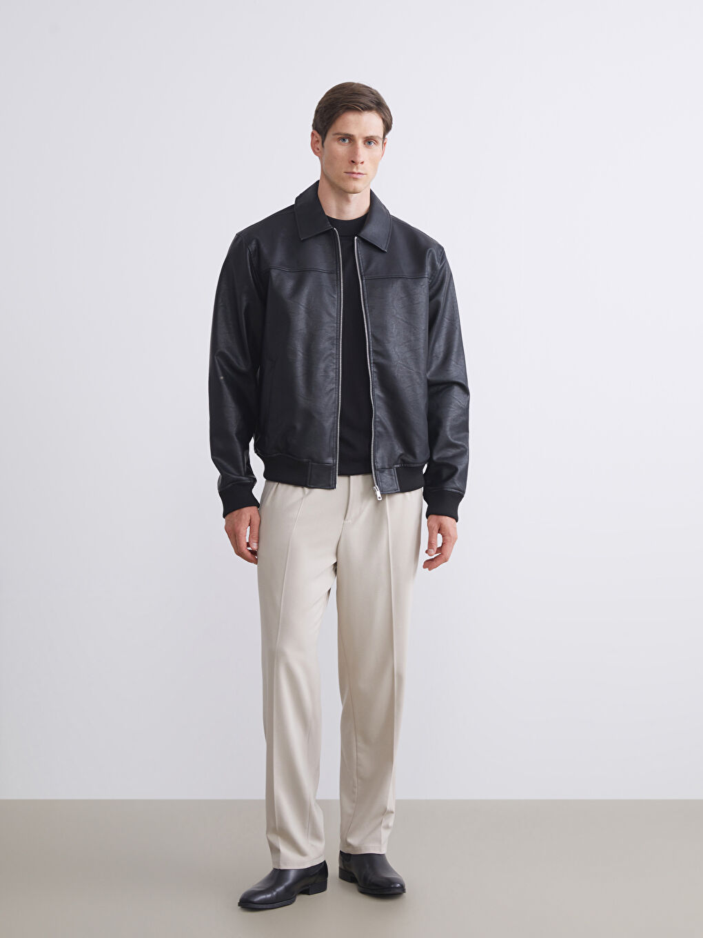 Standard Fit Collared Neck Men's Leather Look Jacket-1