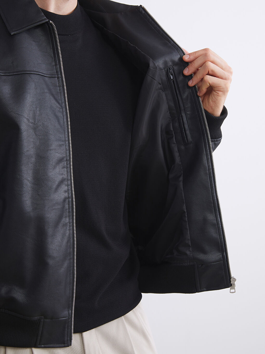 Standard Fit Collared Neck Men's Leather Look Jacket-2