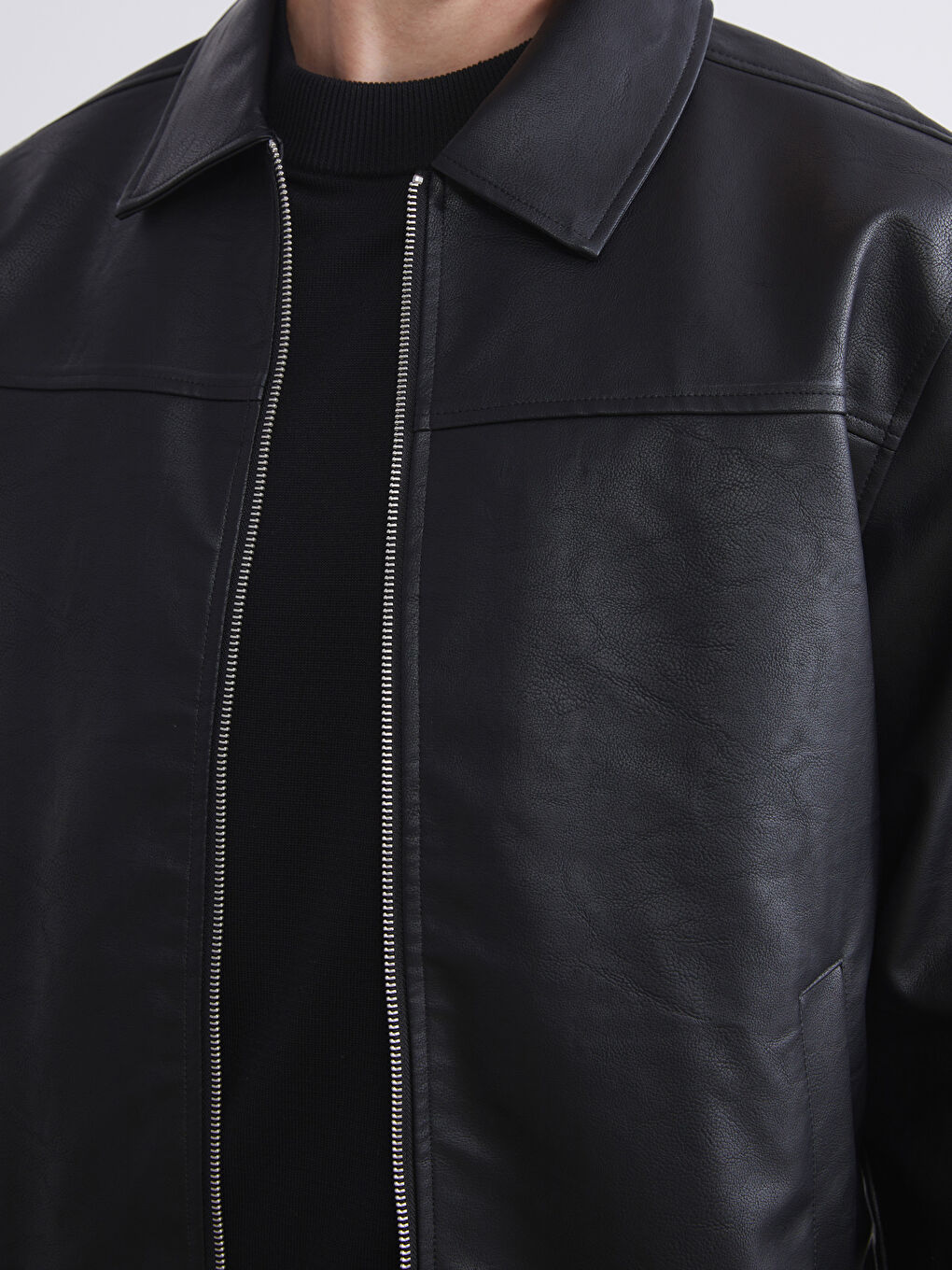Standard Fit Collared Neck Men's Leather Look Jacket-3