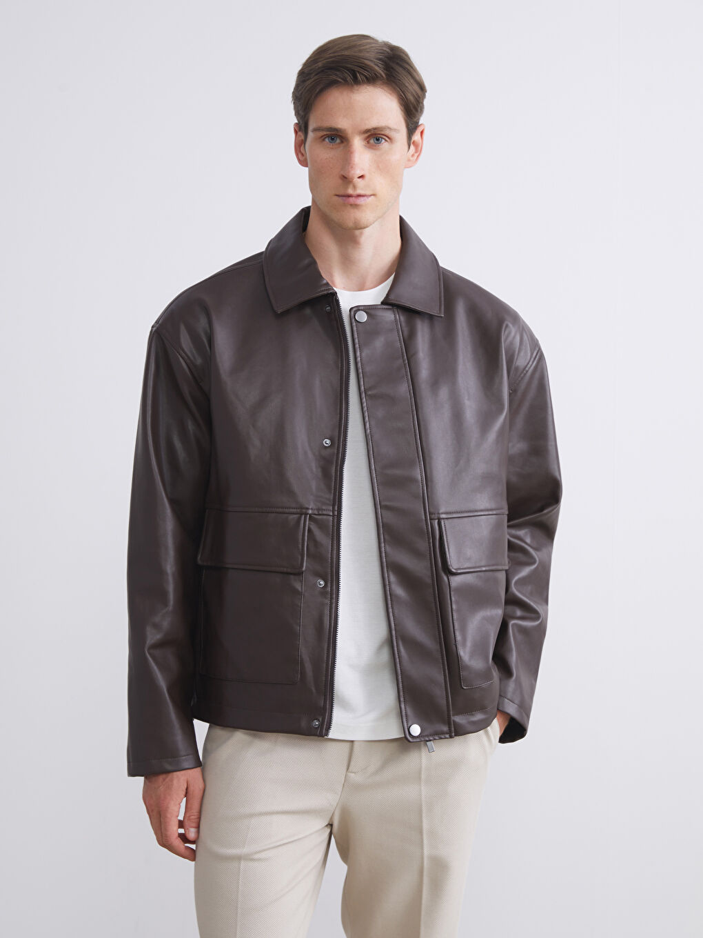 Relaxed Fit Collared Neck Men's Faux Leather Jacket