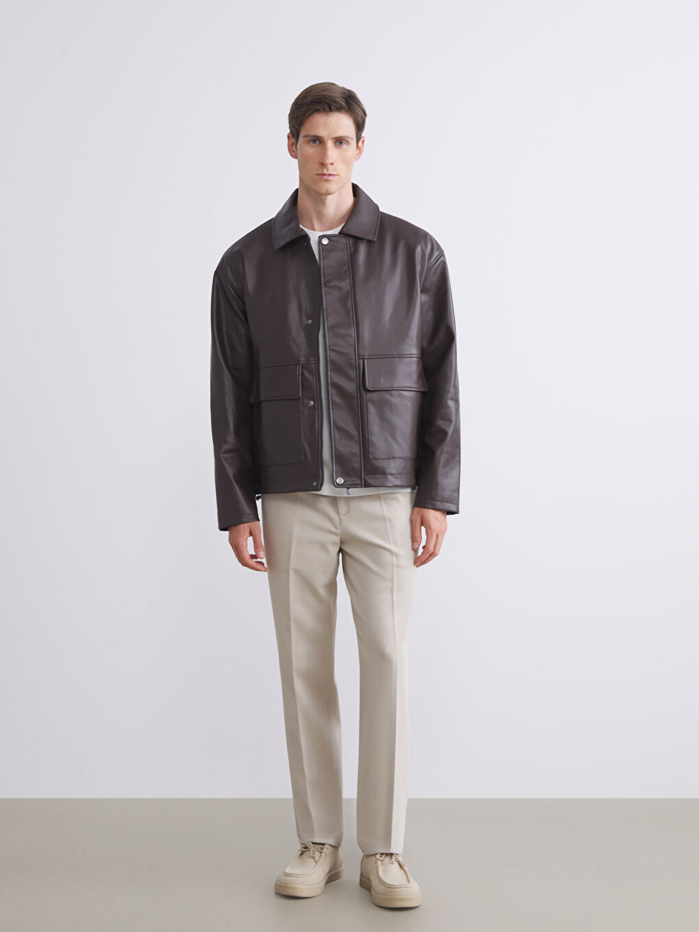 Relaxed Fit Collared Neck Men's Faux Leather Jacket-1