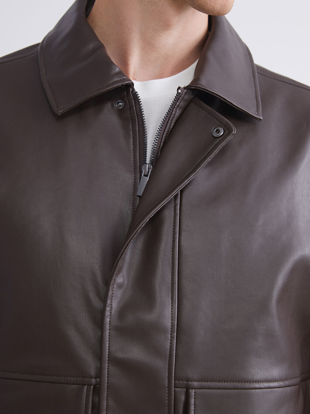Relaxed Fit Collared Neck Men's Faux Leather Jacket-2