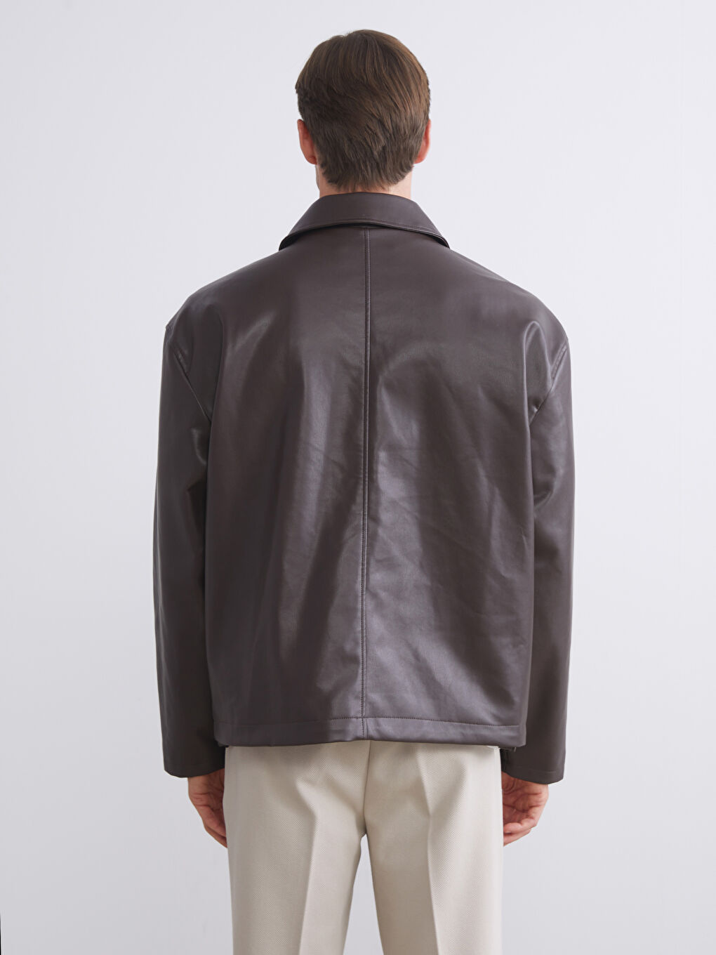 Relaxed Fit Collared Neck Men's Faux Leather Jacket-4