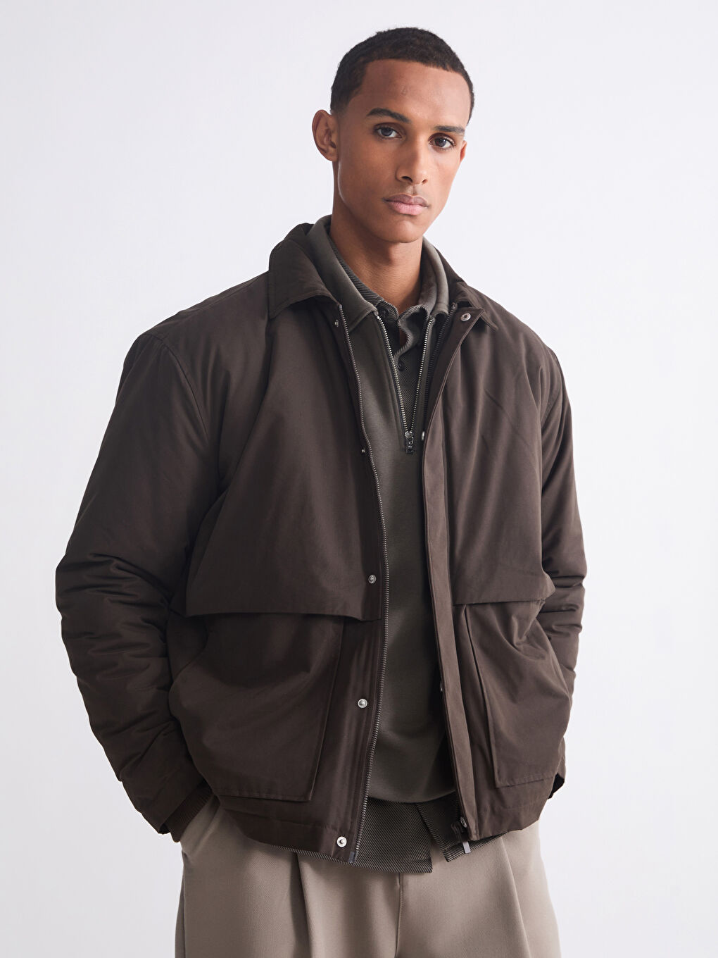 Kahverengi Loose Fit Ceket Yaka Erkek Mont