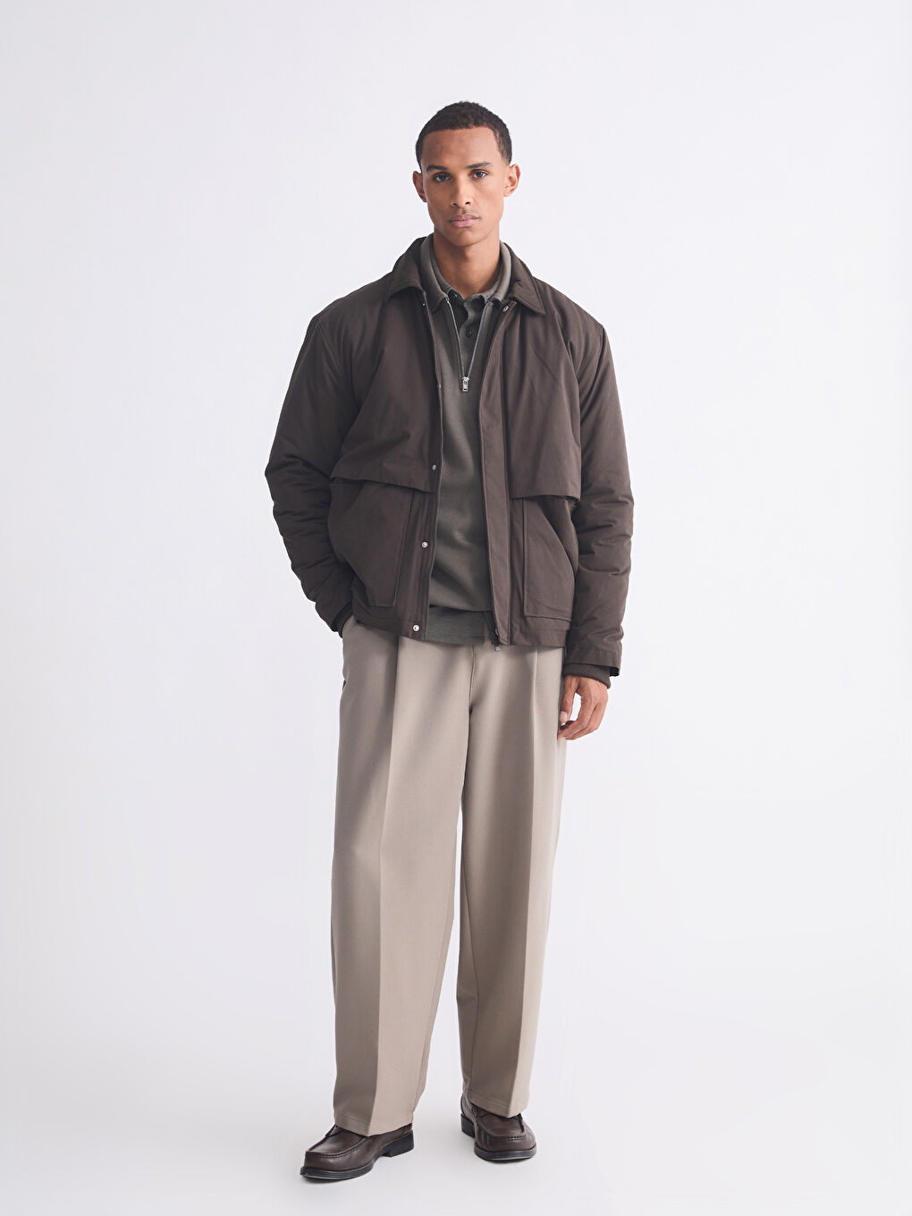 Kahverengi Loose Fit Ceket Yaka Erkek Mont-1