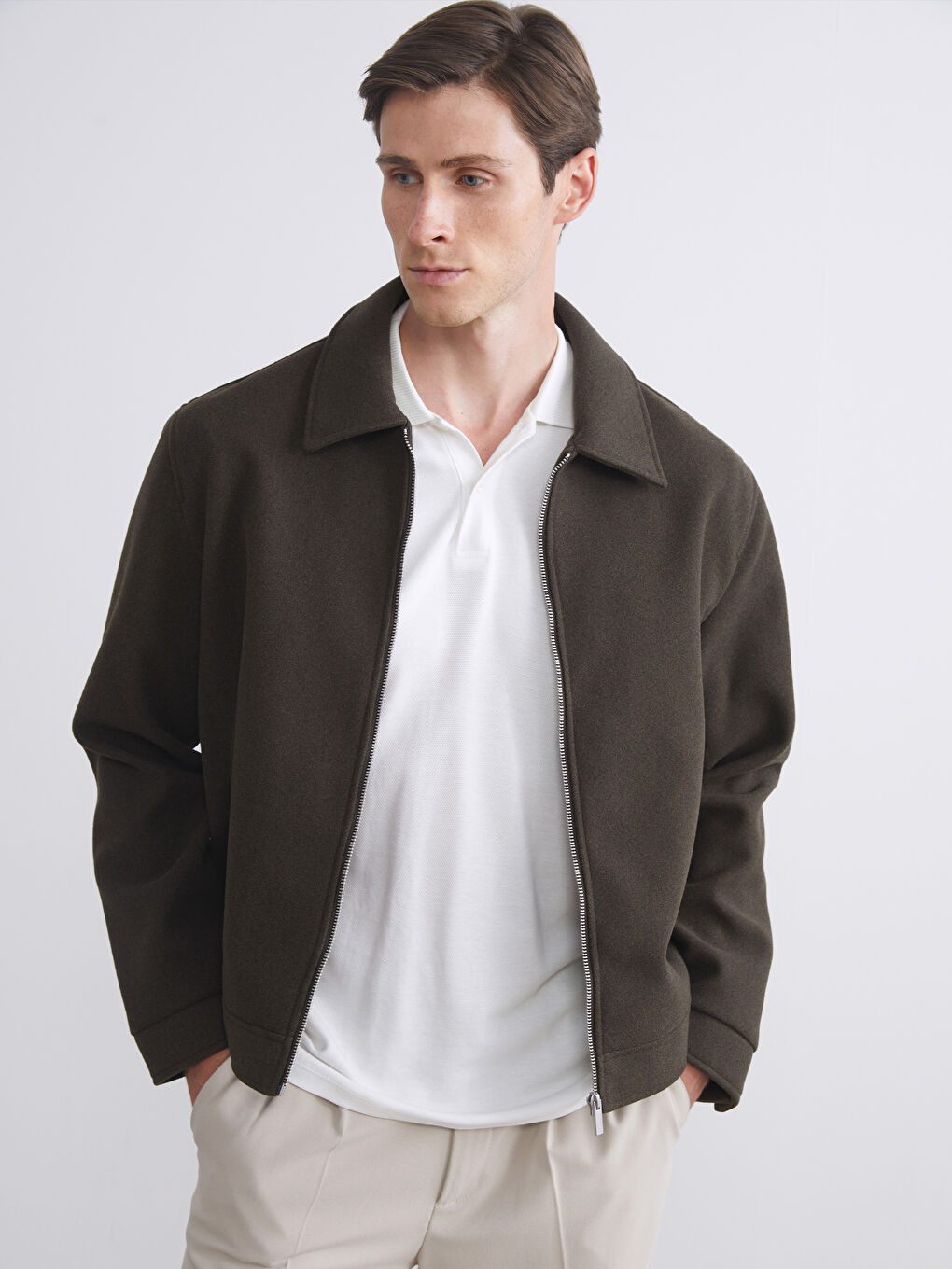 Haki Standart Kalıp Gömlek Yaka Erkek Kaşe Mont