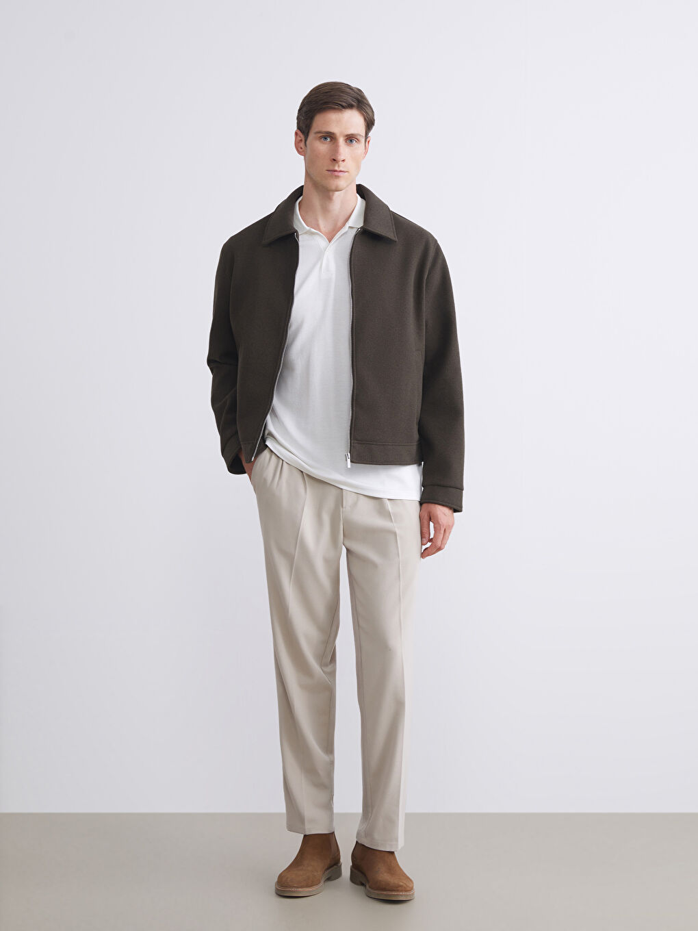 Haki Standart Kalıp Gömlek Yaka Erkek Kaşe Mont-1