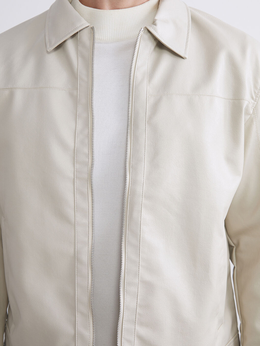 Standard Fit Collared Neck Men's Leather Look Jacket-2