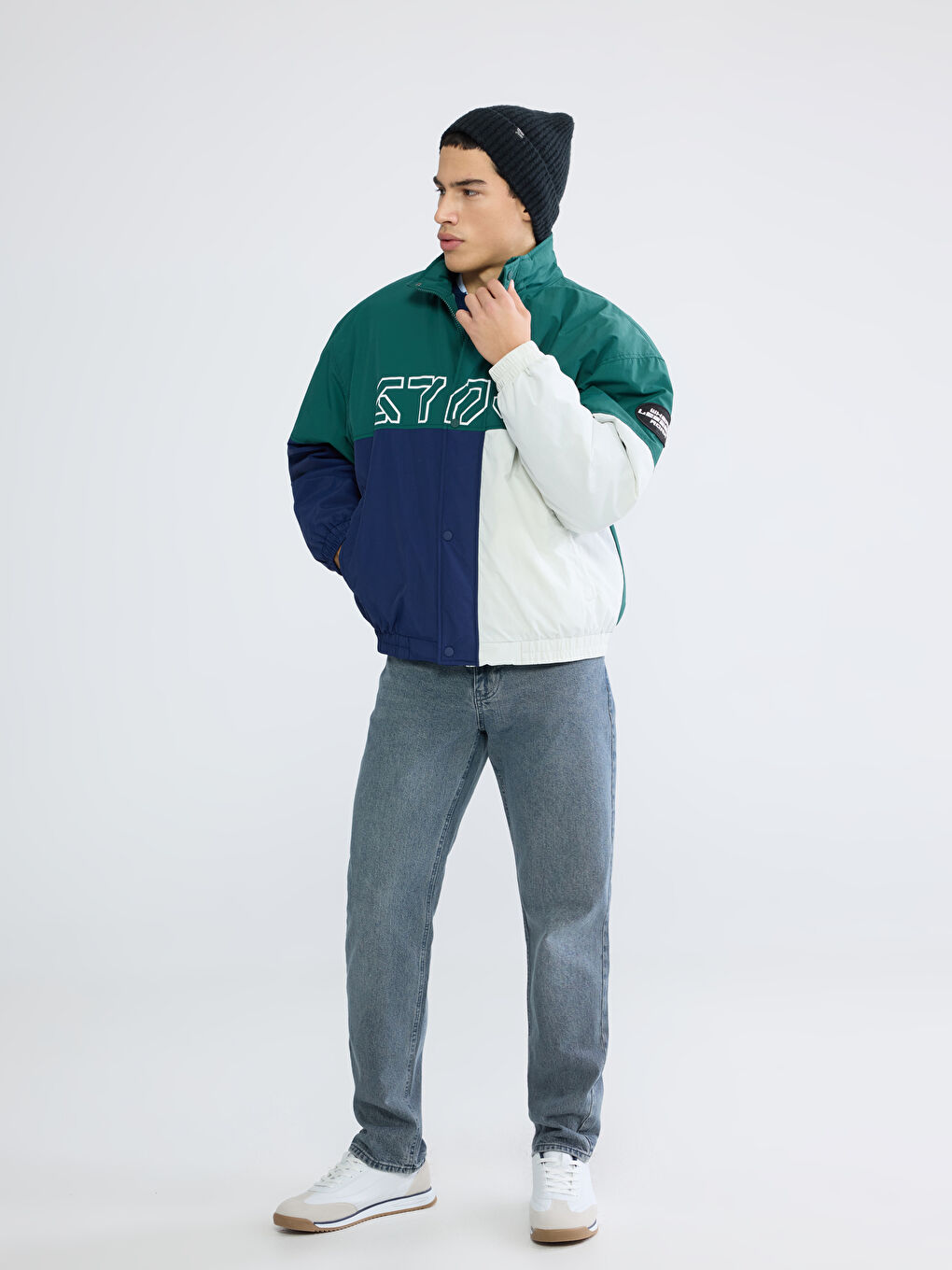 Yeşil Rahat Kalıp Dik Yaka Erkek Mont-1