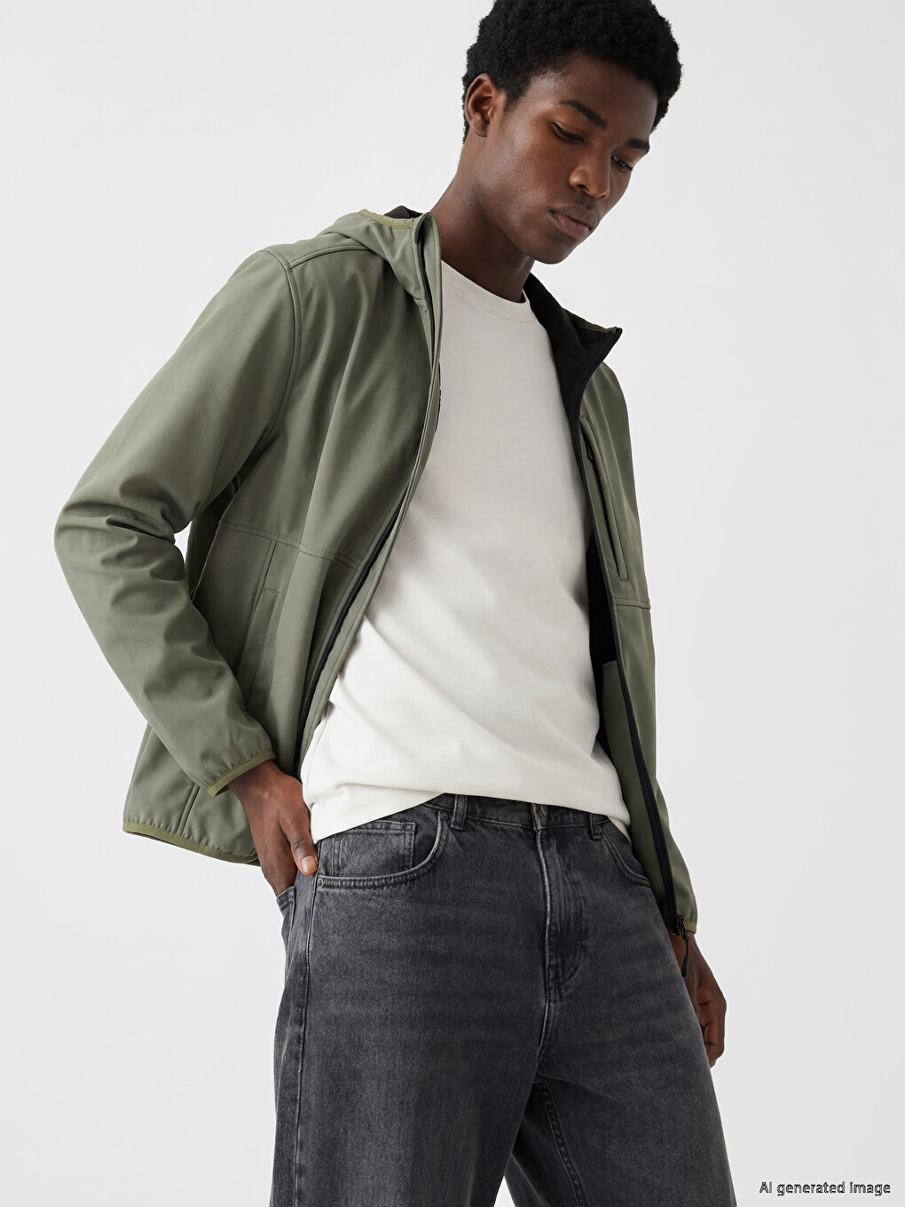 Mashkull Ngjyre Kaki Anorak