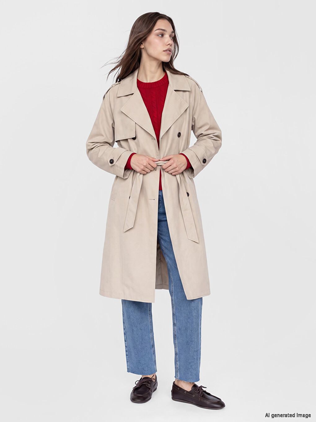 Bej Kuşaklı Kadın Gabardin Trençkot-1
