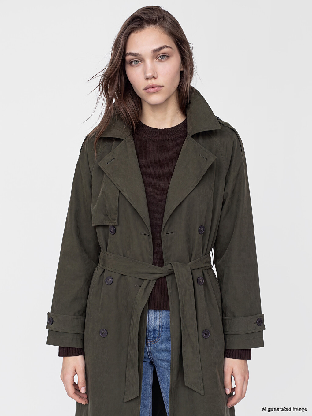 Haki Kuşaklı Kadın Gabardin Trençkot-1