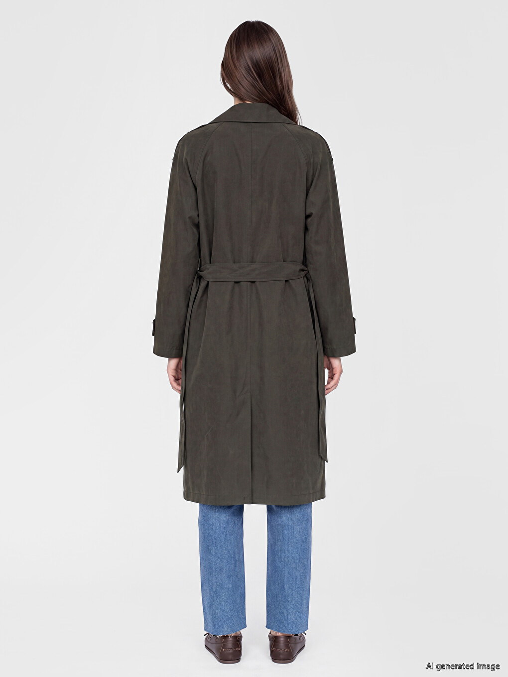 Haki Kuşaklı Kadın Gabardin Trençkot-3