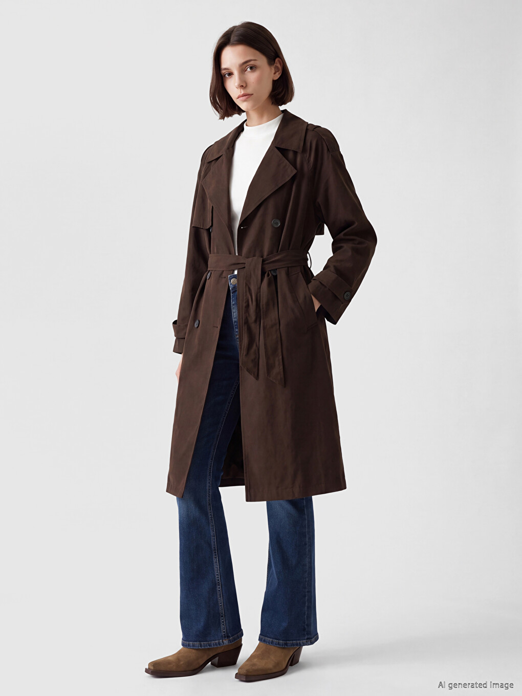 Kahverengi Kuşaklı Kadın Gabardin Trençkot