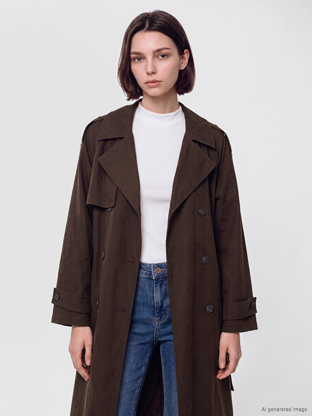 Kahverengi Kuşaklı Kadın Gabardin Trençkot-1
