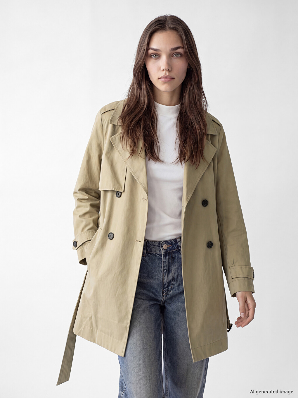 Double Breasted Collar Belted Women's Trench Coat