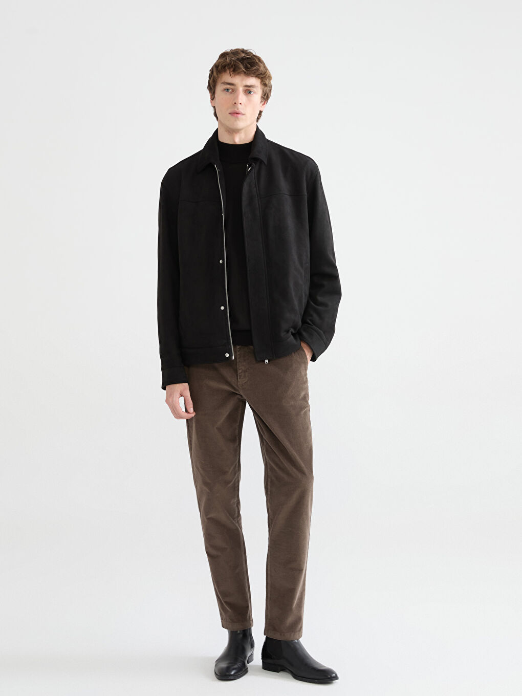 Siyah Gömlek Yaka Süet Görünümlü Erkek Mont-1