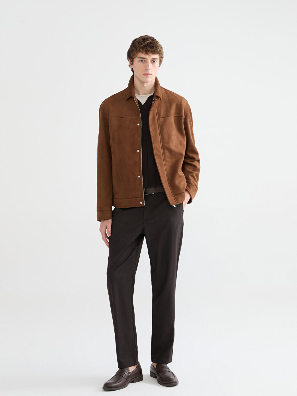 Kahverengi Gömlek Yaka Süet Görünümlü Erkek Mont-1