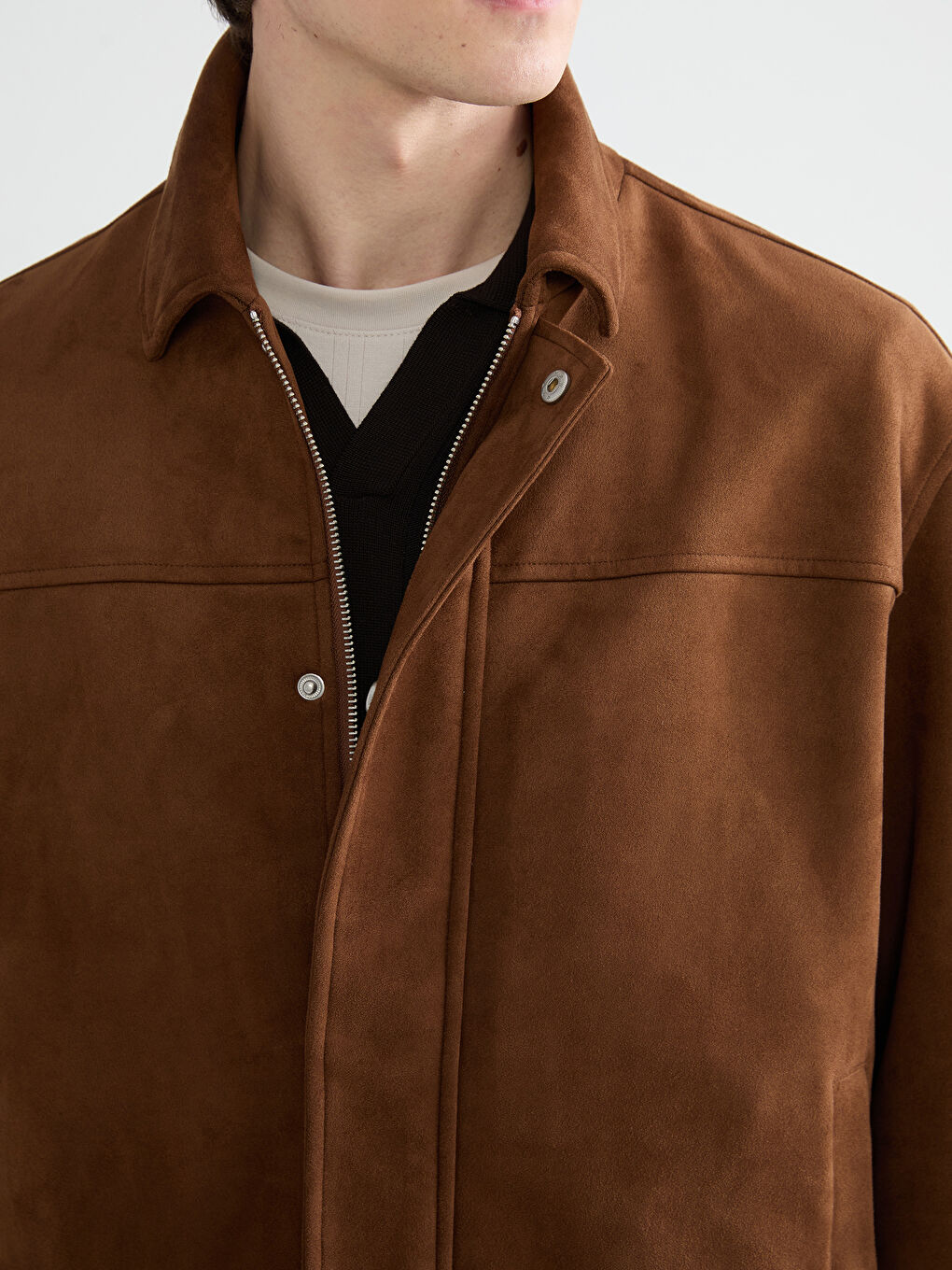 Kahverengi Gömlek Yaka Süet Görünümlü Erkek Mont-2