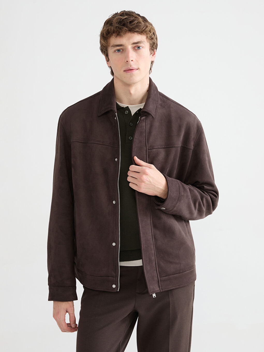 Kahverengi Gömlek Yaka Süet Görünümlü Erkek Mont