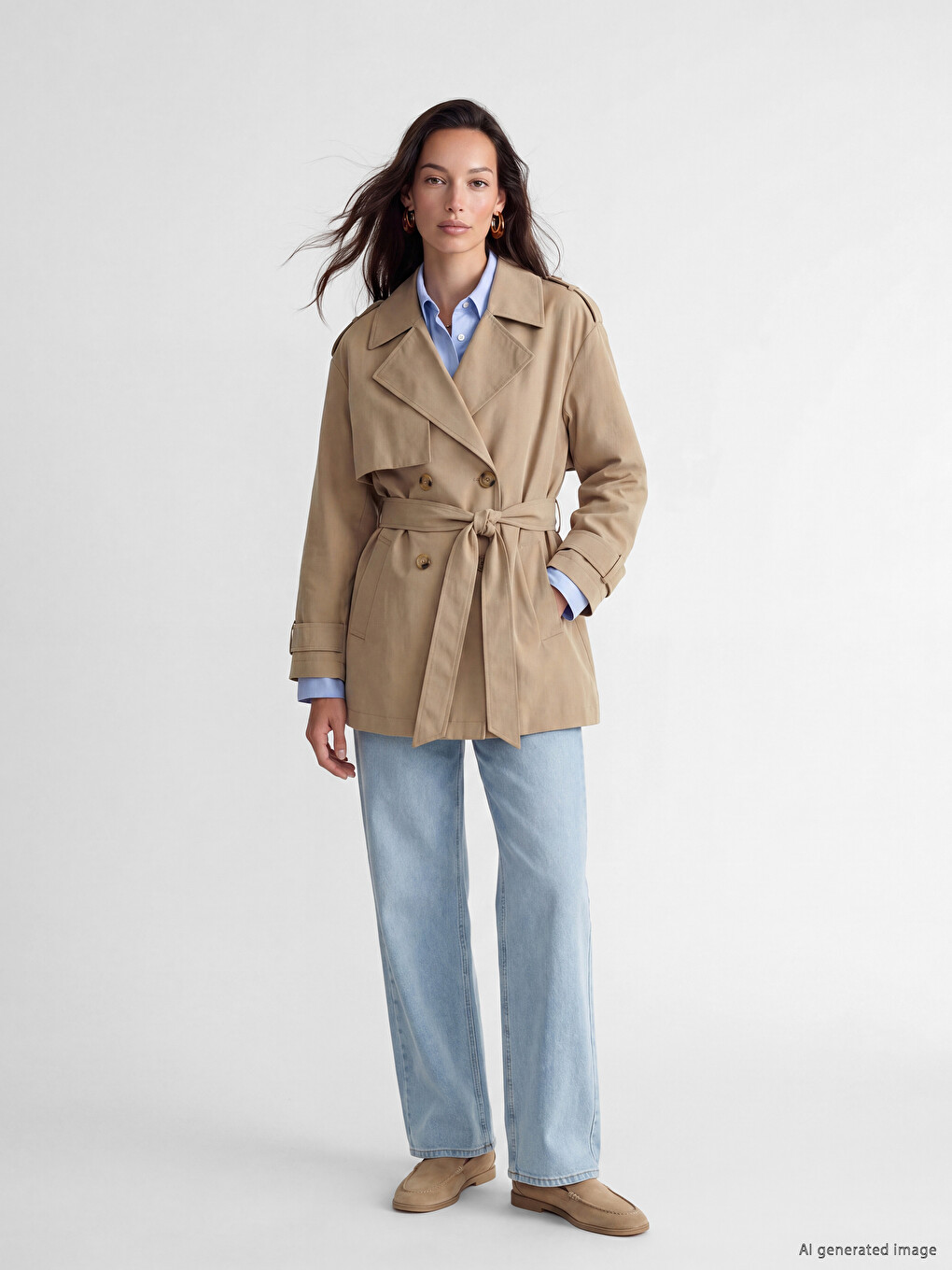 Double Breasted Collar Sash Women's Trench Coat-1