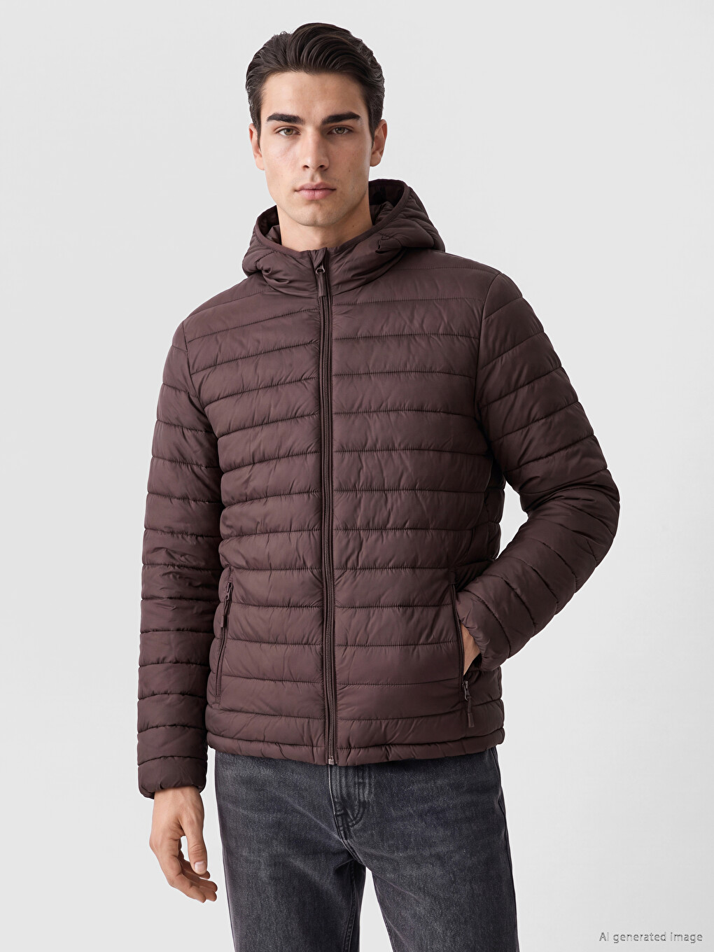 Kahverengi Regular Fit Kapüşonlu Erkek Şişme Mont